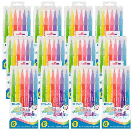 Bazic Products Washable Brush Markers, 6 Fluorescent Colors, 72PK 1275
